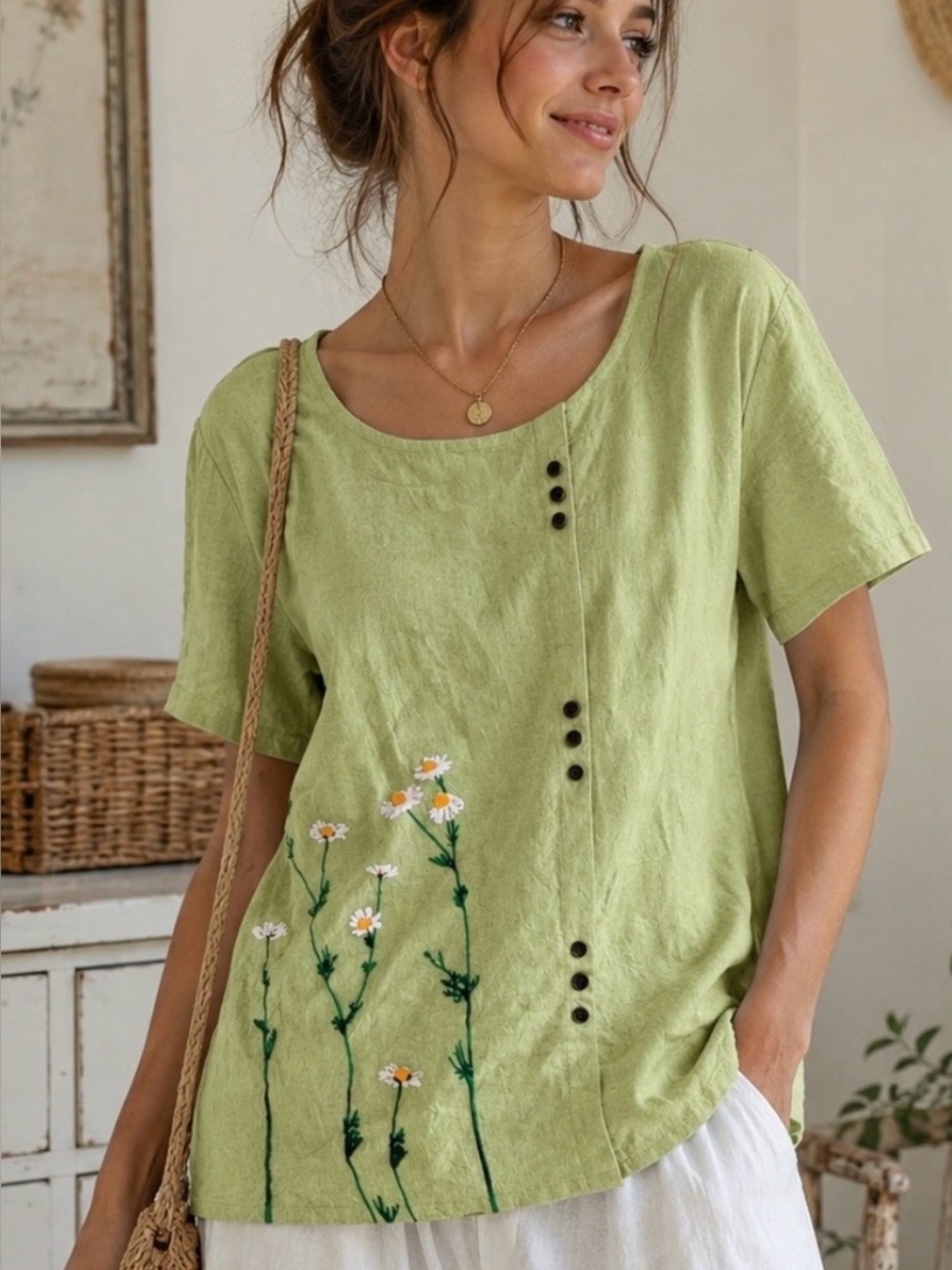 Linen Blend Daisy Embroidered Top Cottagecore Boho Artsy Blouse L